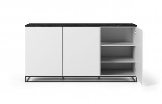 Buffet WHITY blanc mat 180cm 3 portes Plateau en Marbre noir avec piètement noir
